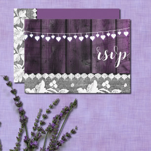 Invitación boda rústica rsvp - madera, encaje, corazones de c