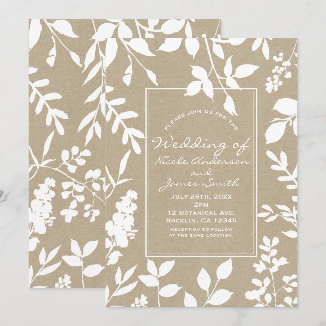 Invitación Boda Rústica Simple de Hojas Botánicas Blancas (Anverso / Reverso)