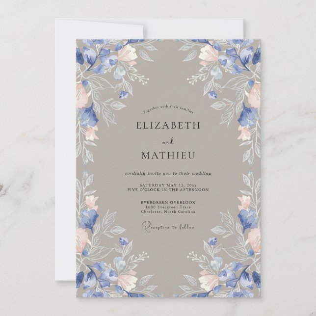 Invitación Boda Rústica Taupe Flor de Periwinkle (Anverso)
