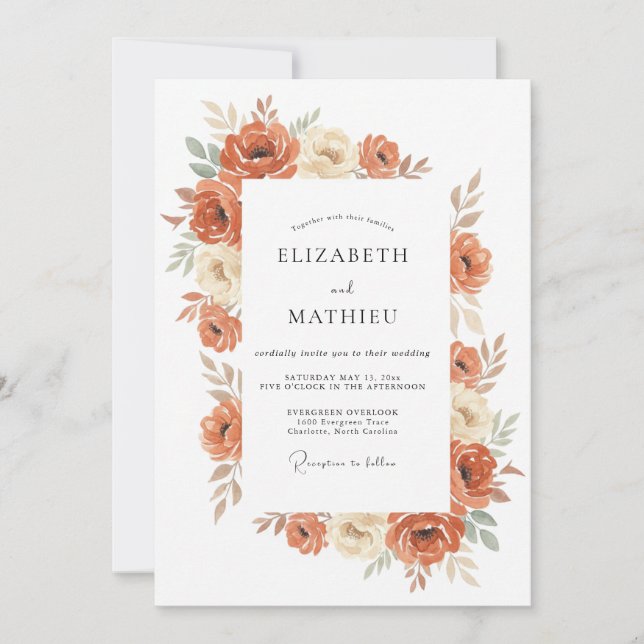 Invitación Boda Rústica Terrosa de Naranja Quemada (Anverso)