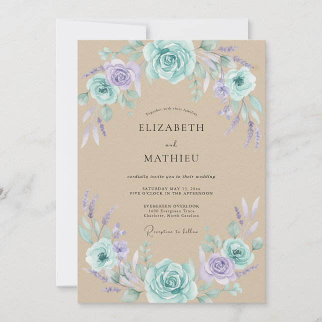 Invitación Boda Rústica Terrosa Lavanda Verde Azulada (Anverso)