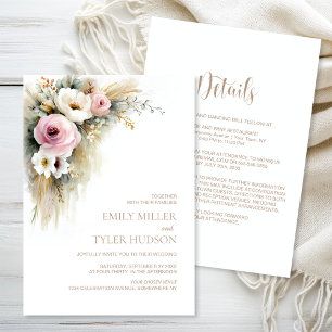 Invitación Boda Rústica Todo en Uno con Flores Rosadas y Blan