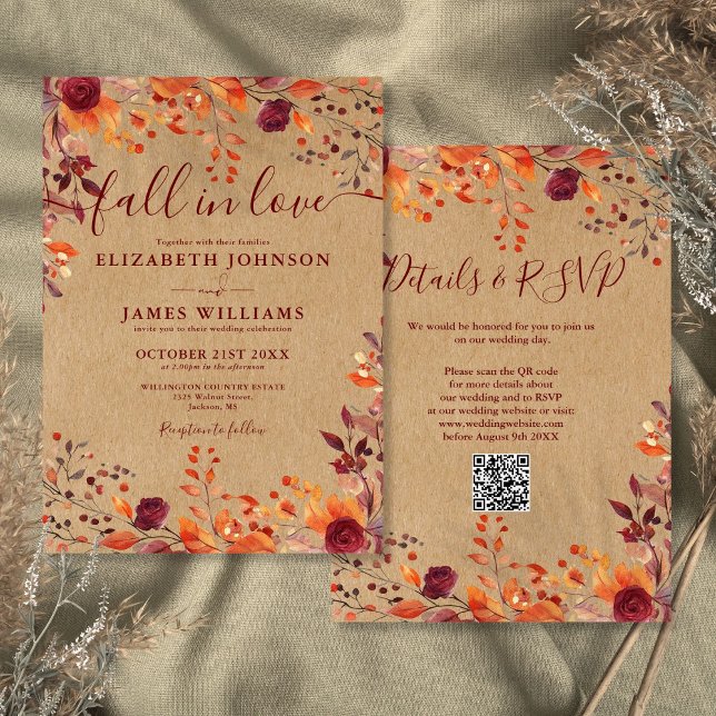Invitación Boda Rústica Todo Incluido Código QR Otoño Enamora (All In One Rustic Fall In Love QR Code Wedding Invitation)