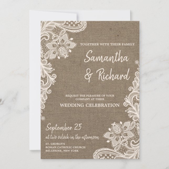 Invitación Boda rústica única y vintage de encaje (Anverso)