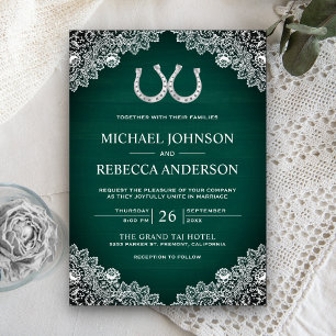 Invitación Boda Rústica Verde Granero Madera Herradura Encaje
