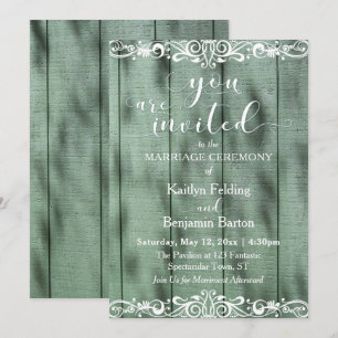 Invitación Boda Rústica Verde Madera Blanca con Filigrana