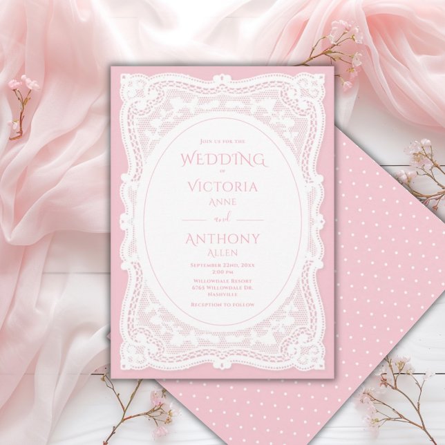 Invitación Boda rústica vintage de encaje blanco rosa (Subido por el creador)