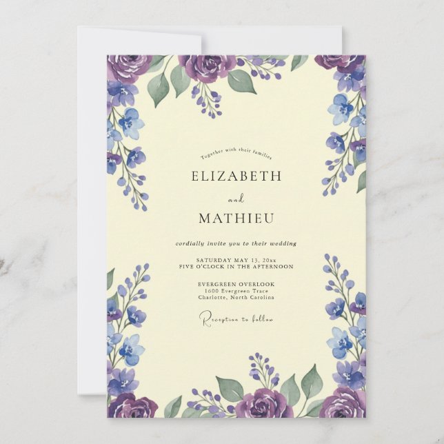 Invitación Boda rústica violeta con hojas de vincapervinca (Anverso)