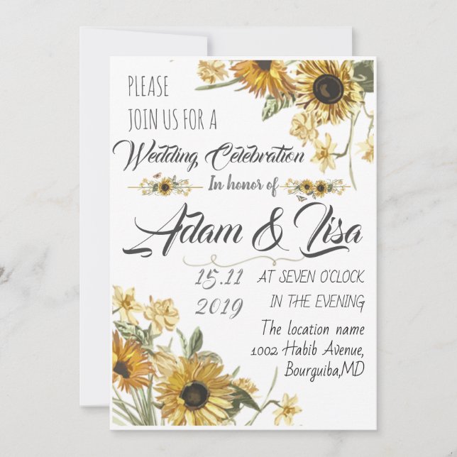 Invitación Boda rústica y elegante con girasoles amarillos (Anverso)