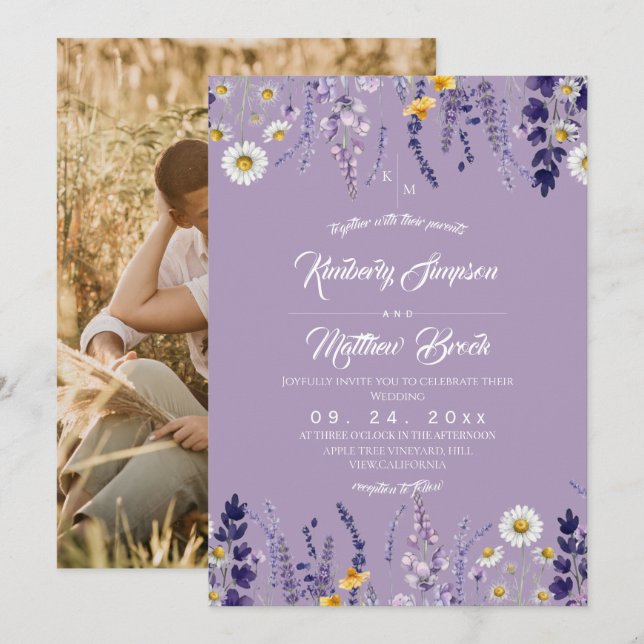 Invitación Boda rústica y elegante de flores silvestres púrpu (Anverso / Reverso)