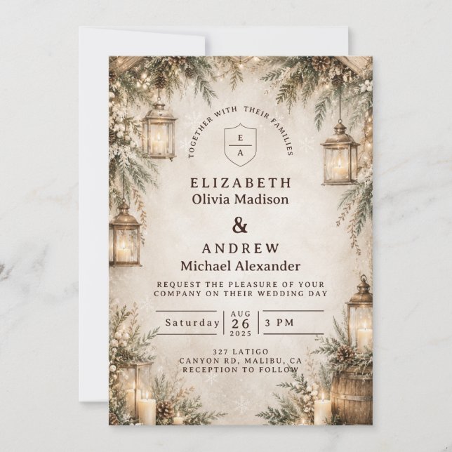 Invitación Boda Rústica y Elegante de Invierno (Anverso)