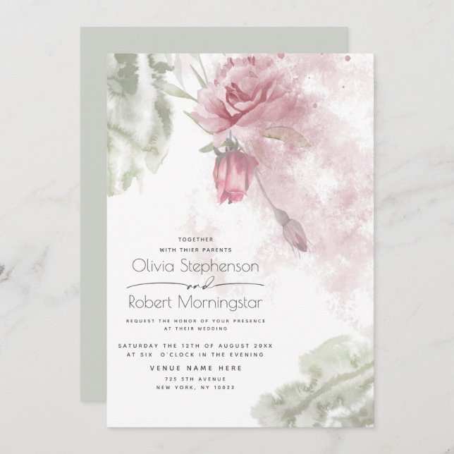 Invitación Boda | Rústicas rosas rosadas polvorientas (Anverso / Reverso)