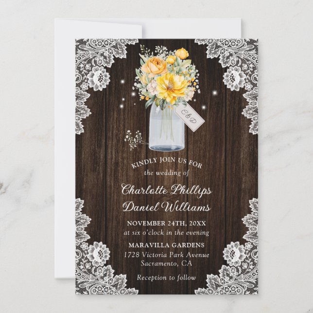Invitación Boda Rústico Amarillo de Madera Rústica  de encaje (Anverso)