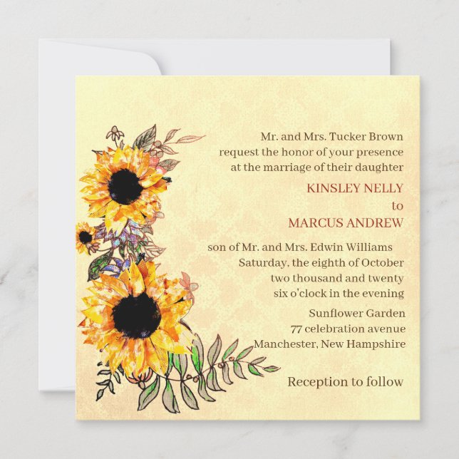 Invitación Boda Rústico Amarillo Floral De Girasol (Anverso)