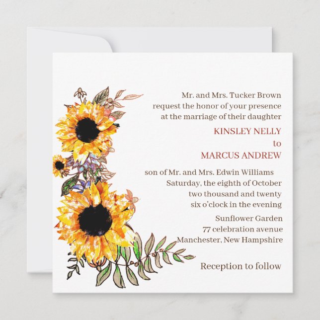 Invitación Boda Rústico Amarillo Floral De Girasol (Anverso)