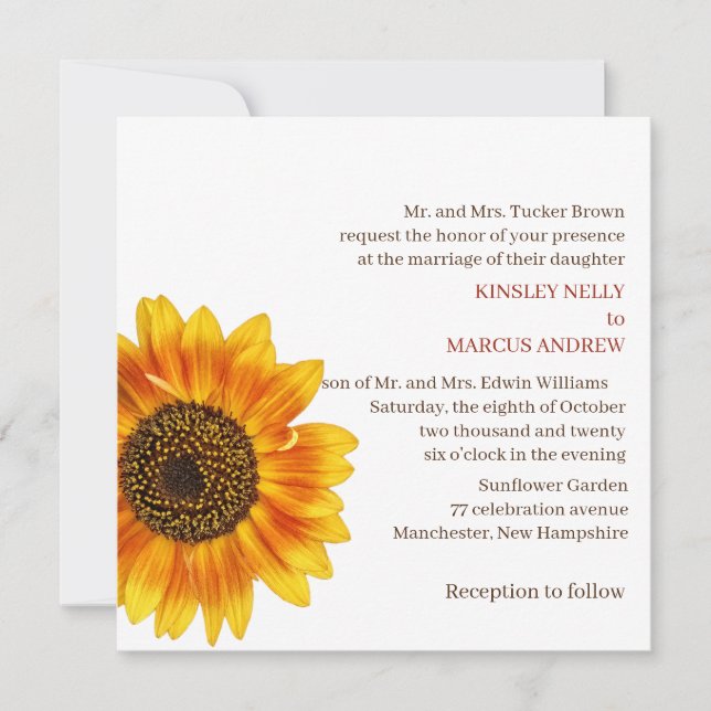 Invitación Boda Rústico Amarillo Floral De Girasol (Anverso)