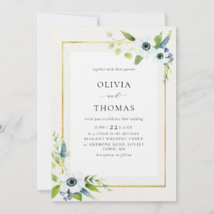 Invitación Boda Rústico Anemone Blue Gold Floral Frame
