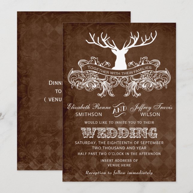 Invitación Boda Rústico Antler Deer Winter Woodland (Anverso / Reverso)