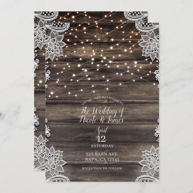 Invitación Boda Rústico Ash Brown Wood Lace String Lights (Anverso / Reverso)