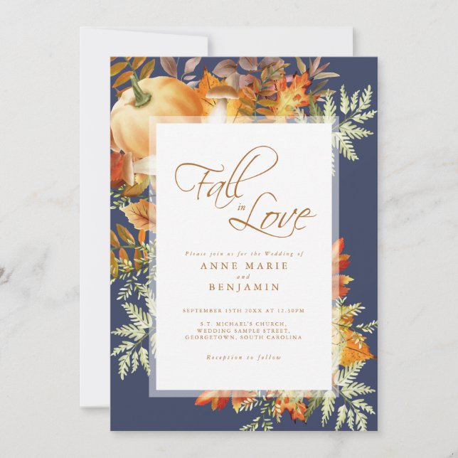 Invitación Boda Rústico Azul Caída Enamorada (Anverso)