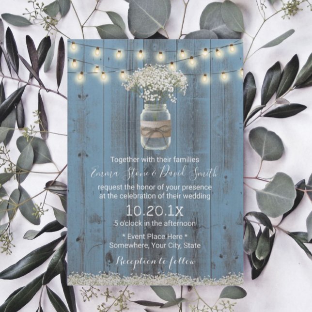 Invitación Boda Rústico Azul con flores de aliento del bebé (Subido por el creador)