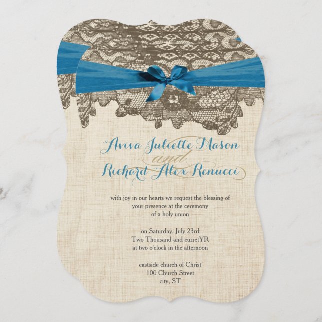 Invitación Boda Rústico Azul de encaje (Anverso / Reverso)