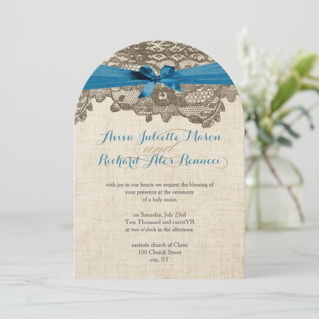 Invitación Boda Rústico Azul de encaje (Anverso de pie)