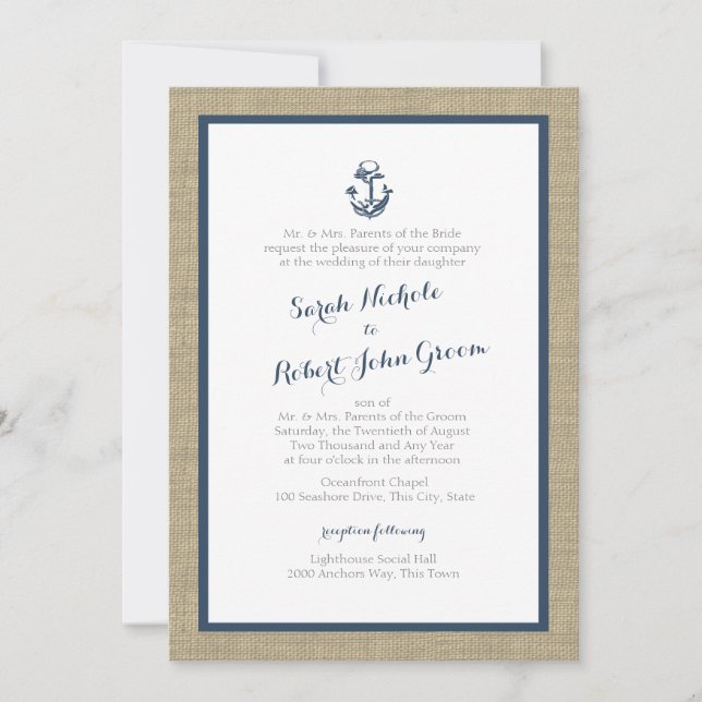 Invitación Boda Rústico Azul de la Marina Anchor y Burlap (Anverso)