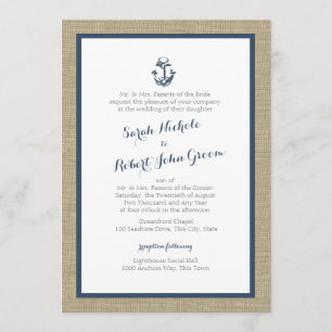 Invitación Boda Rústico Azul de la Marina Anchor y Burlap