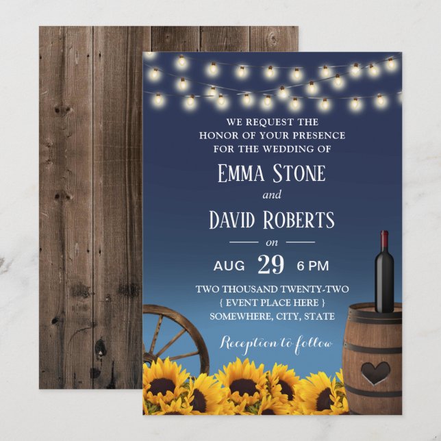 Invitación Boda Rústico Azul de la Marina de los girasoles de (Anverso / Reverso)