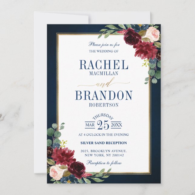 Invitación Boda Rústico Azul de la Marina de Oro Floral de Bo (Anverso)