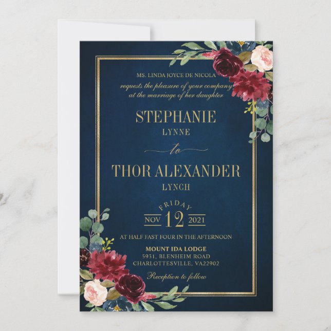 Invitación Boda Rústico Azul de la Marina de Oro Floral de Bo (Anverso)
