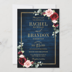 Invitación Boda Rústico Azul de la Marina de Oro Floral de Bo