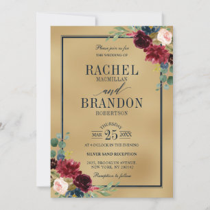 Invitación Boda Rústico Azul de la Marina de Oro Floral de Bo