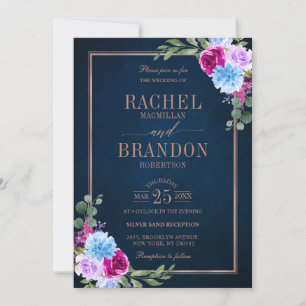Invitación Boda Rústico Azul de la Marina Floral Bronz Calien