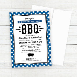 Invitación Boda Rústico Azul Gingham Parejas Ducha BBQ