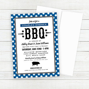 Invitación Boda Rústico Azul Gingham Parejas Ducha BBQ