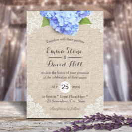 Invitación Boda Rústico Azul Hidrangea Floral Lace & Burlap