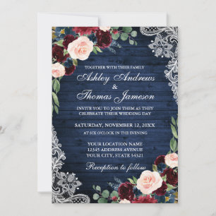 Invitación Boda Rústico Azul Madera Azul Borgoña Azul Floral