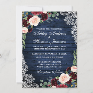 Invitación Boda Rústico Azul Madera Azul Borgoña Azul Floral