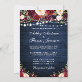 Invitación Boda Rústico Azul Madera Borgoña Floral