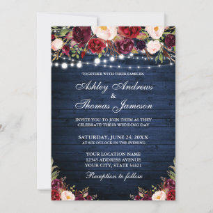 Invitación Boda Rústico Azul Madera Borgoña Floral