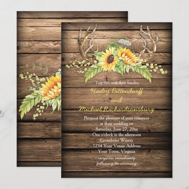 Invitación Boda Rústico Barn Wood Sunflowers Antlers (Anverso / Reverso)