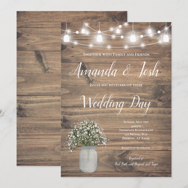 Invitación Boda Rústico Bebés de Mason Jar Lights (Anverso / Reverso)