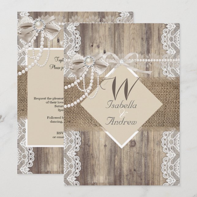 Invitación Boda Rústico Beige Pearl Lace Wood Burlap (Anverso / Reverso)