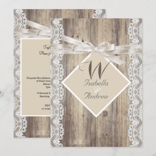 Invitación Boda Rústico Beige White Lace Wood