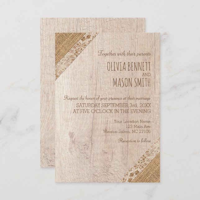 Invitación Boda Rústico Beige White Wood Burlap (Anverso / Reverso)