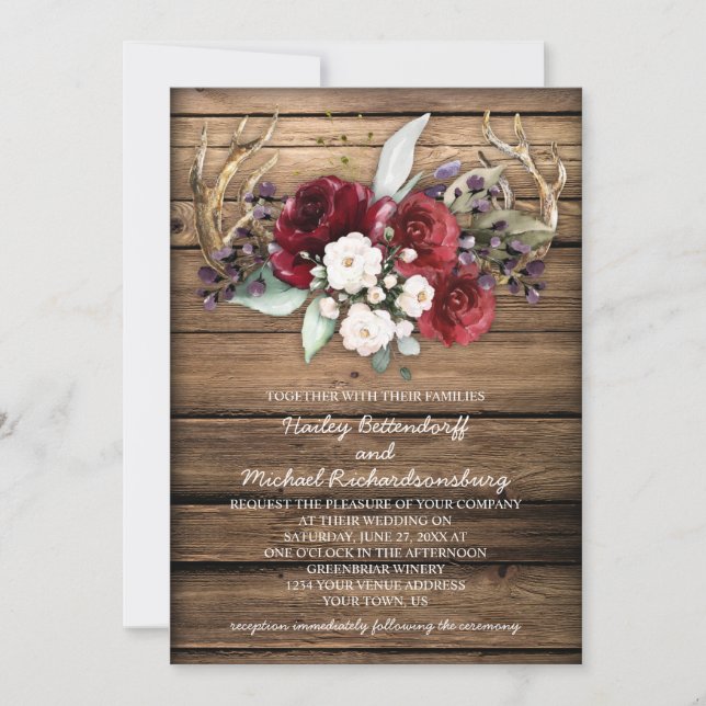 Invitación Boda Rústico Boho Borgoña y Rosas Blancas Antlers (Anverso)