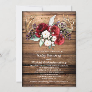 Invitación Boda Rústico Boho Borgoña y Rosas Blancas Antlers