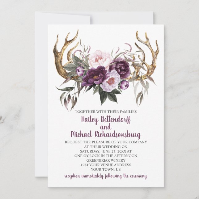 Invitación Boda Rústico Boho Purple Plum Peonies Antlers (Anverso)